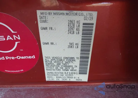 2019 Nissan Altima 2.5 Sr from USA, damaged, VIN 1N4BL4CV7KN321091